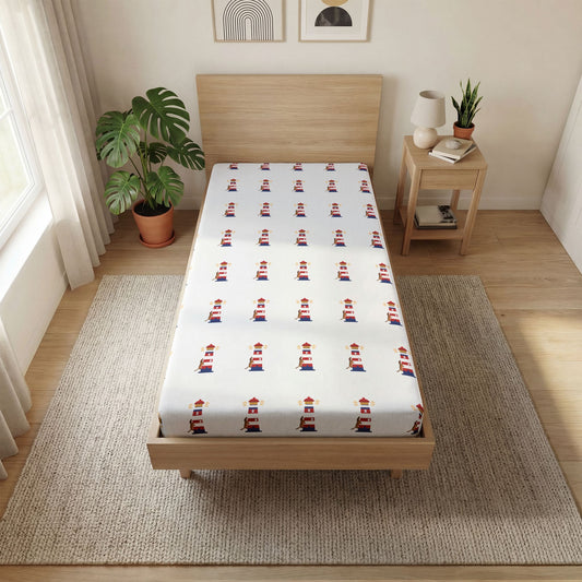 Chief Climbs the Lighthouse Fitted Sheet — Nautical Coastal Kids Bedding