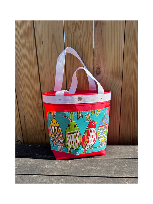 Bird Friends on Red Sailcloth Bucket Bag