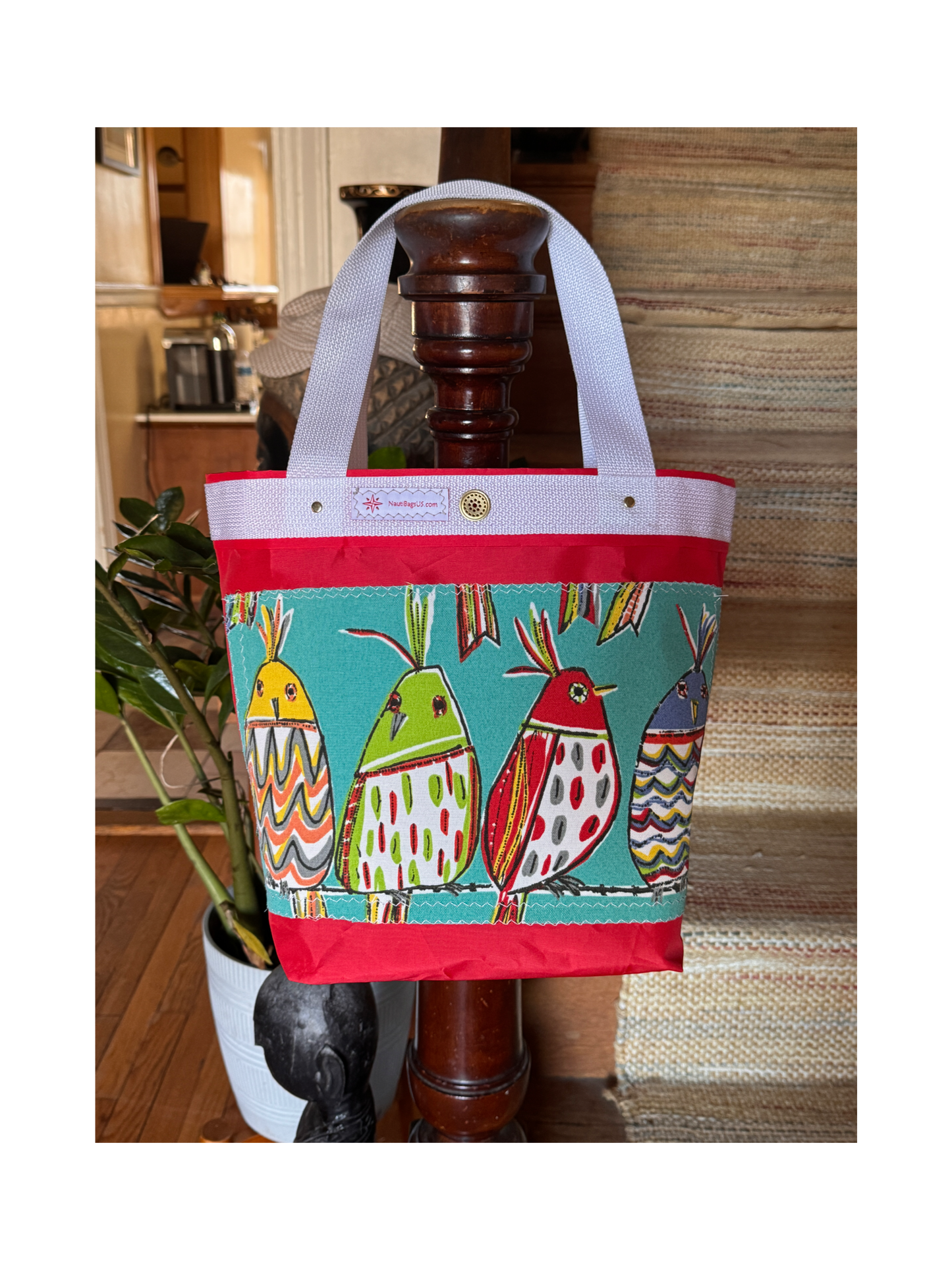 Bird Friends on Red Sailcloth Bucket Bag