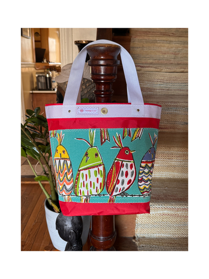 Bird Friends on Red Sailcloth Bucket Bag
